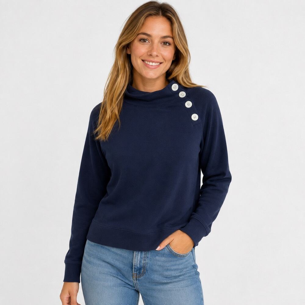 J. Crew Navy Blue Button Collar Women's Pullover Sweatshirt.